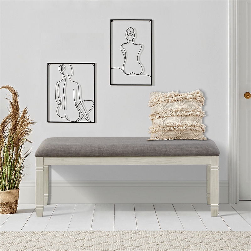 Pemberly Row Pine Wood Dining Bench with Fabric Seat in Antique White