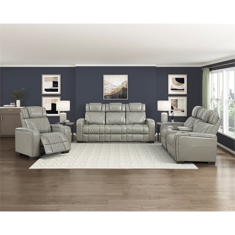 Pemberly Row Top Grain Leather 3-Piece Power Reclining Set in Gray