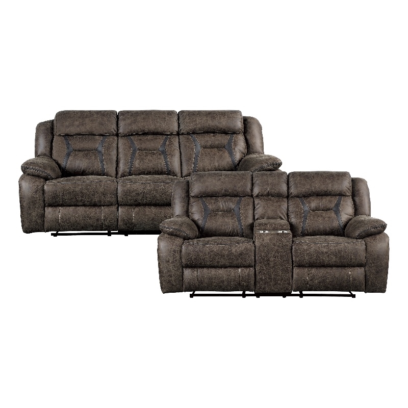 Pemberly Row Microfiber 2-Piece Manual Double Reclining Sofa Set in Dark Brown