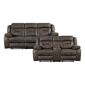 Pemberly Row Microfiber 2-Piece Manual Double Reclining Sofa Set in Dark Brown