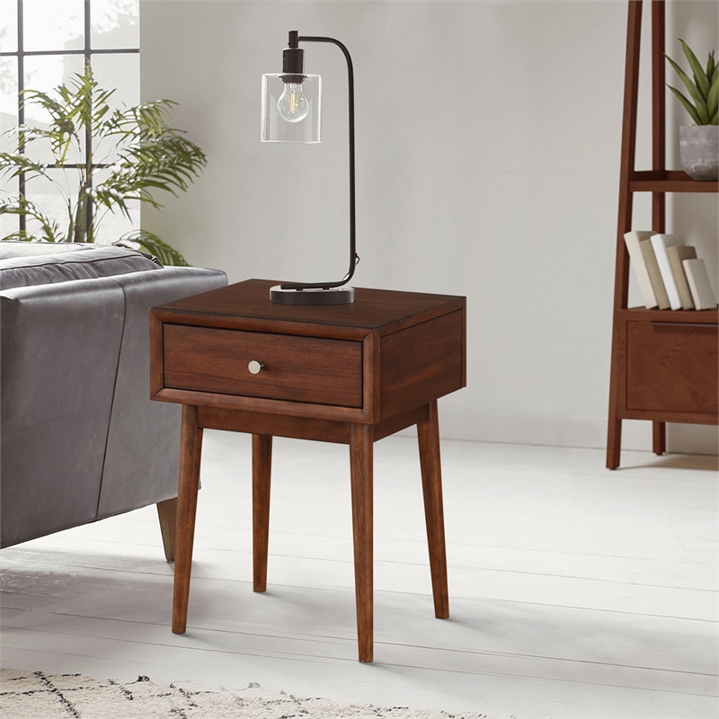 Pemberly Row Walnut Veneer 1-Drawer End Table with Shelf in Brown