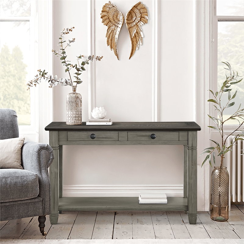 Pemberly Row Wood 2-Drawer Console Table with Shelf in Antique Gray