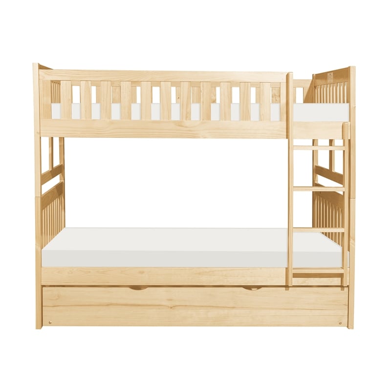 Pemberly Row Pine Wood Full Over Full Bunk Bed with Twin Trundle in Natural Pine