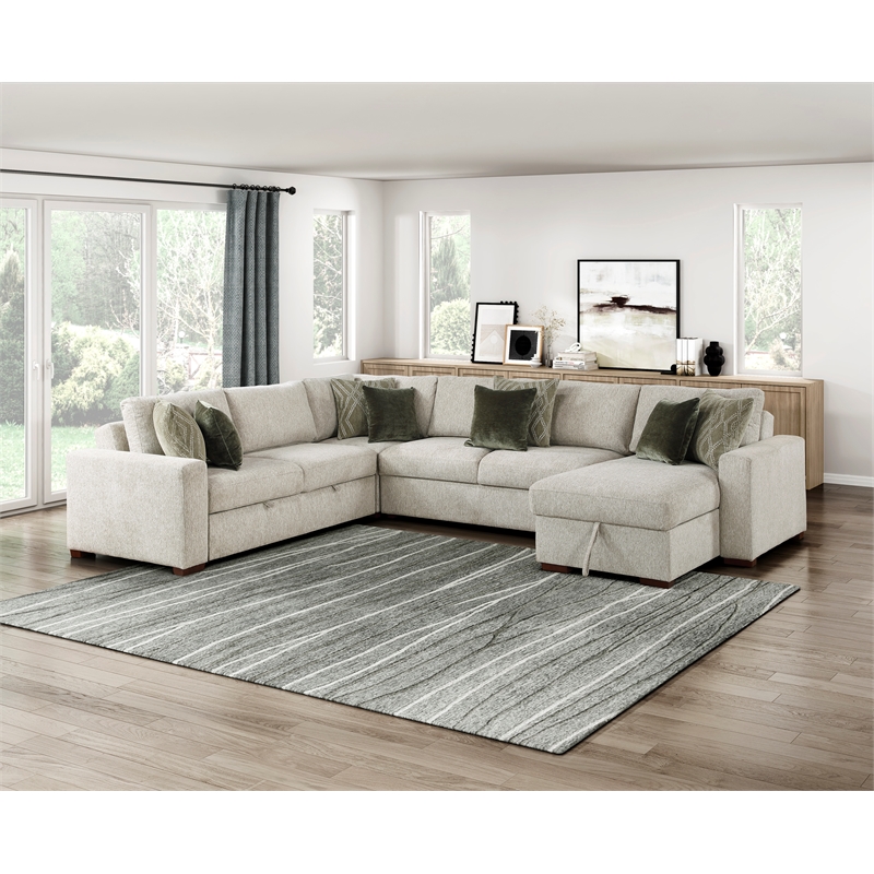 Pemberly Row Microfiber 4-Piece Sectional with Pull-Out Bed in Sage Sand