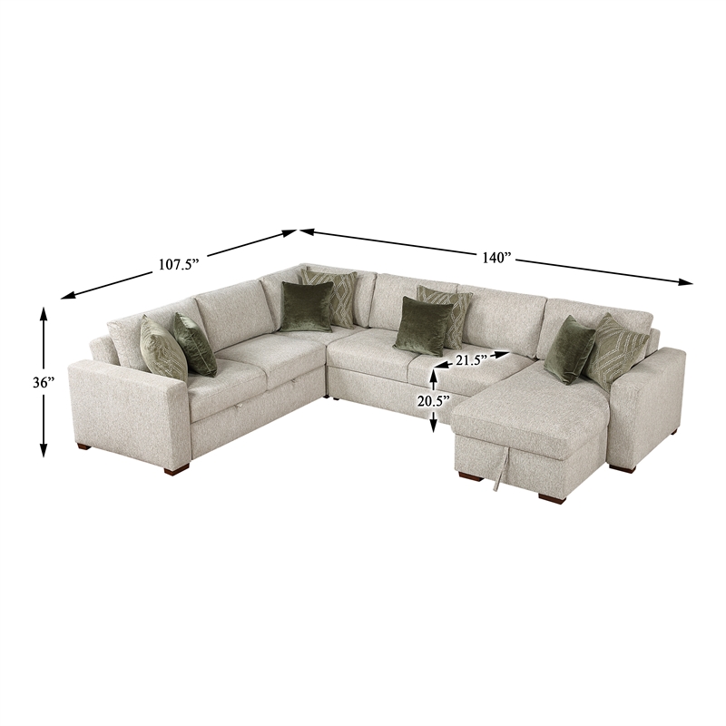 Pemberly Row Microfiber 4-Piece Sectional with Pull-Out Bed in Sage Sand