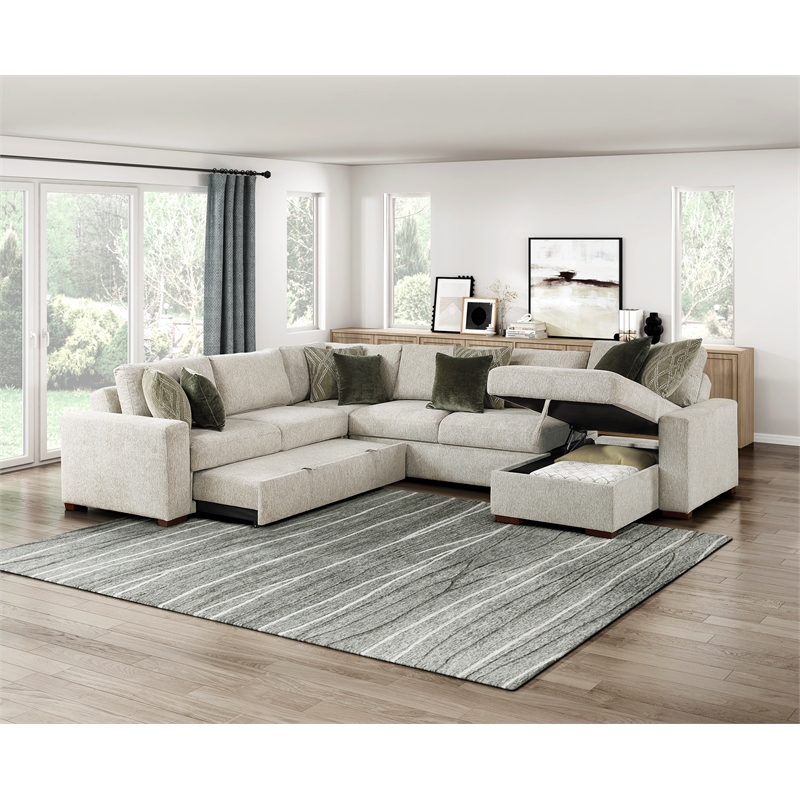 Pemberly Row Microfiber 4-Piece Sectional with Pull-Out Bed in Sage Sand