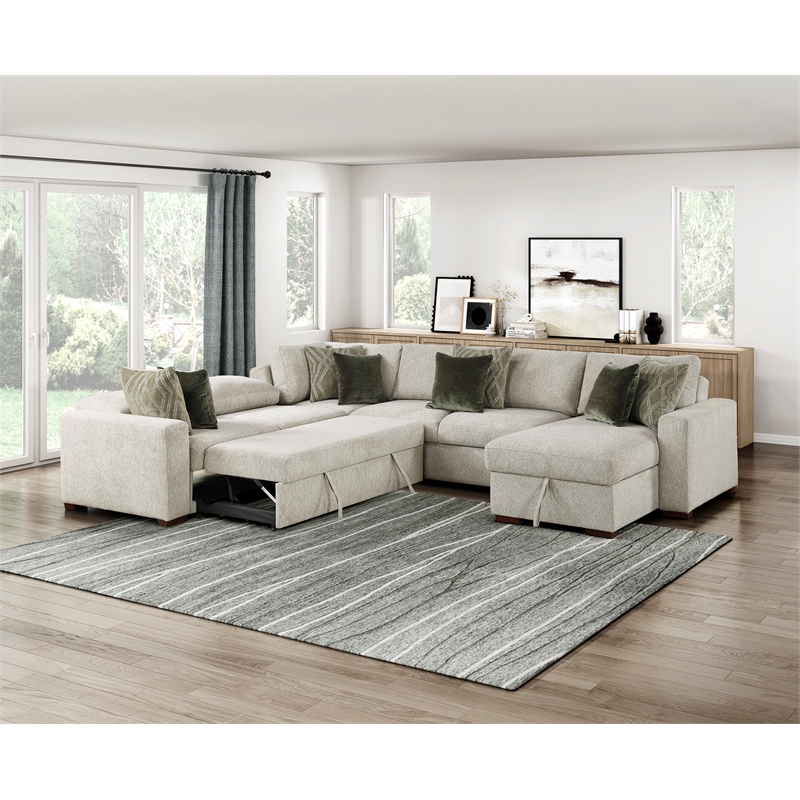 Pemberly Row Microfiber 4-Piece Sectional with Pull-Out Bed in Sage Sand
