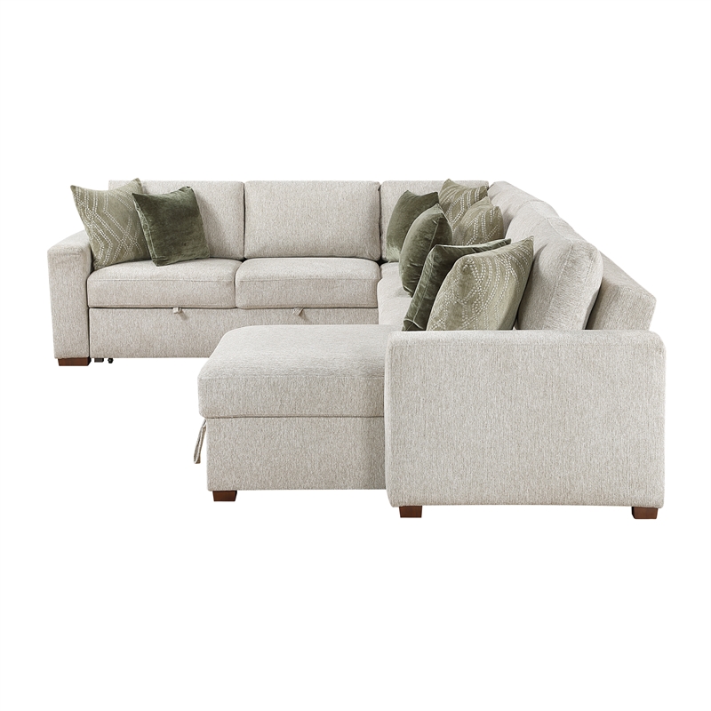 Pemberly Row Microfiber 4-Piece Sectional with Pull-Out Bed in Sage Sand