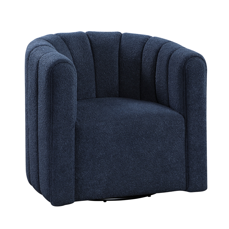 Pemberly Row Boucle Channel-Tufted Swivel Chair with Ottoman in Blue