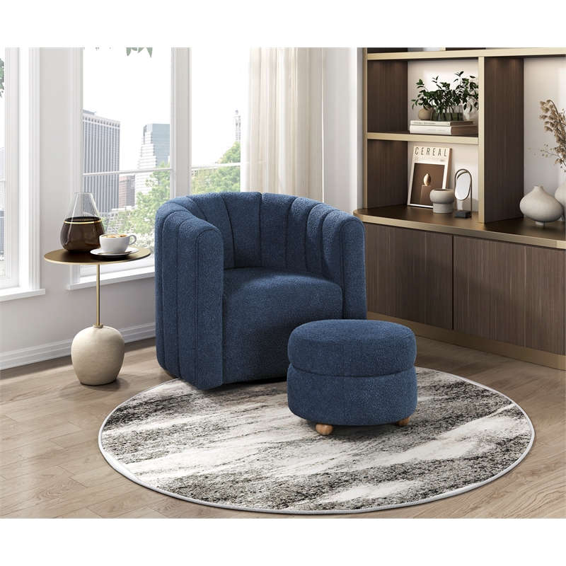 Pemberly Row Boucle Channel-Tufted Swivel Chair with Ottoman in Blue