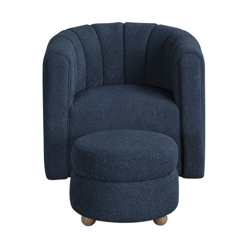 Pemberly Row Boucle Channel-Tufted Swivel Chair with Ottoman in Blue