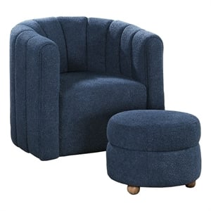 Pemberly Row Boucle Channel-Tufted Swivel Chair with Ottoman in Blue