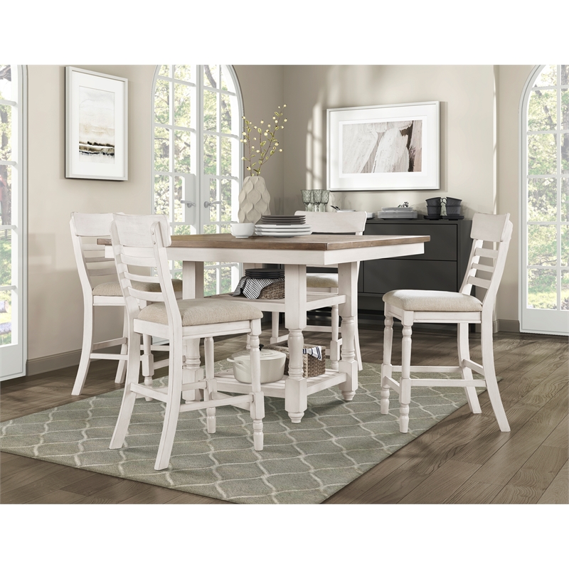 Pemberly Row Wood and Fabric Counter Height Chair Set of 2 in Antique White