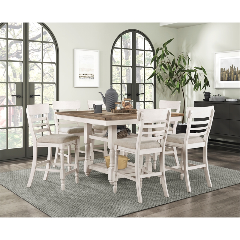 Pemberly Row Wood and Fabric Counter Height Chair Set of 2 in Antique White