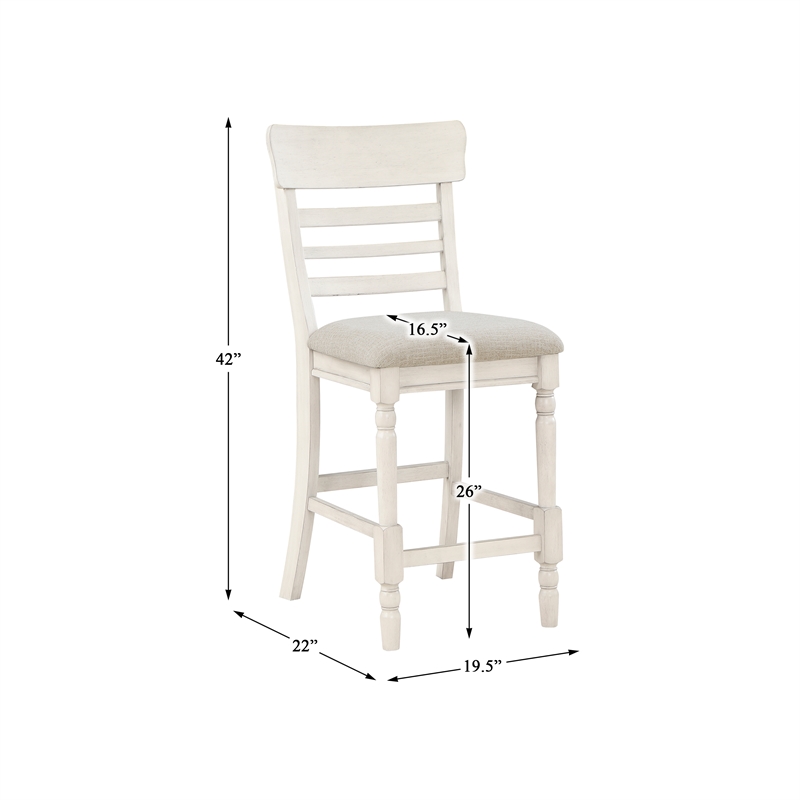 Pemberly Row Wood and Fabric Counter Height Chair Set of 2 in Antique White