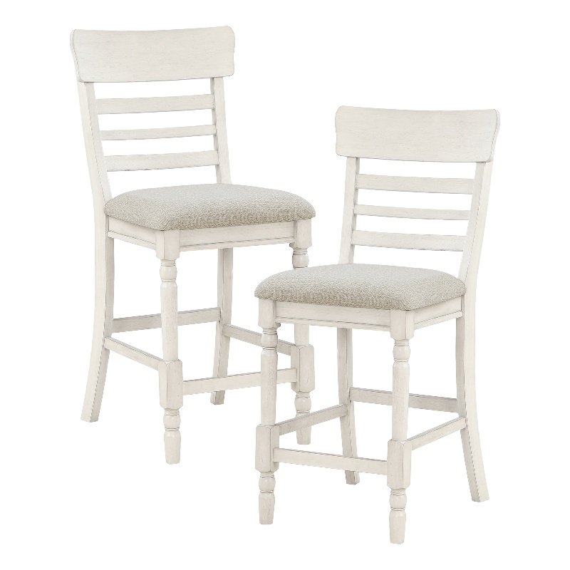 Pemberly Row Wood and Fabric Counter Height Chair Set of 2 in Antique White