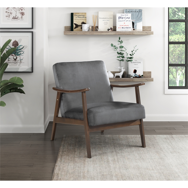Pemberly Row Rubberwood and Velvet Accent Chair in Dark Walnut and Dark Grey