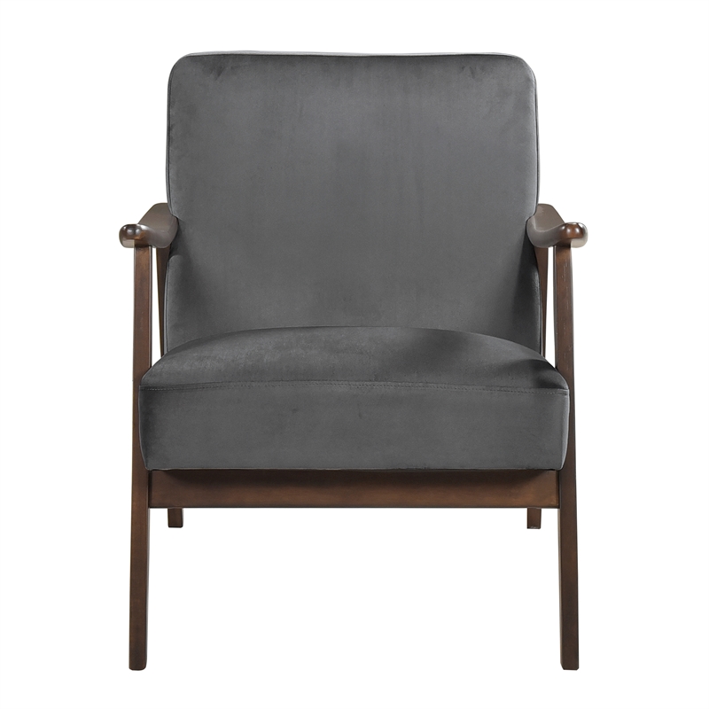 Pemberly Row Rubberwood and Velvet Accent Chair in Dark Walnut and Dark Grey