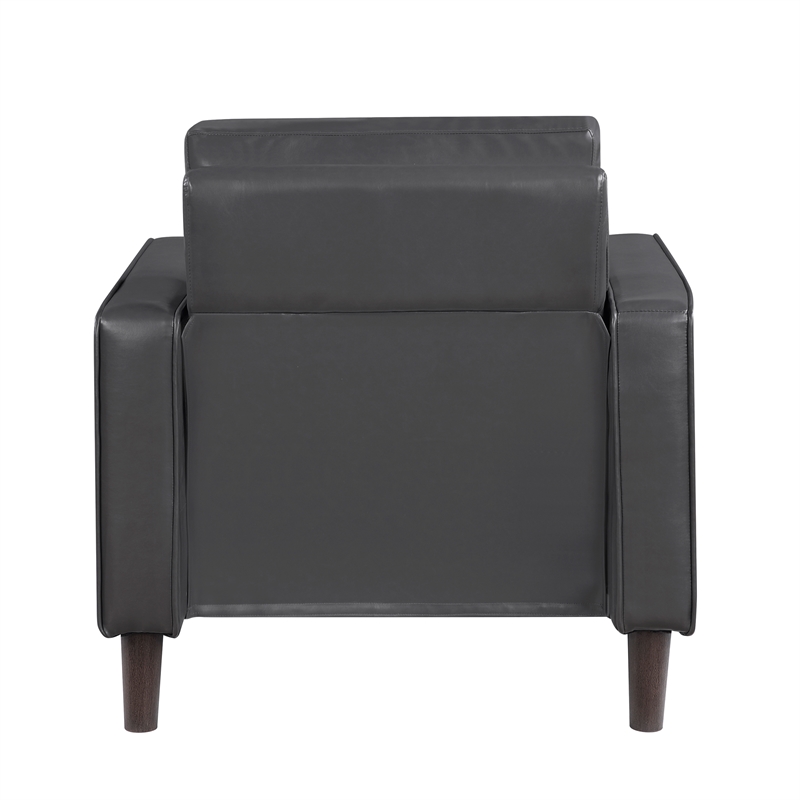 Pemberly Row Faux Leather Armchair with Square Arms and Wood Legs in Dark Gray
