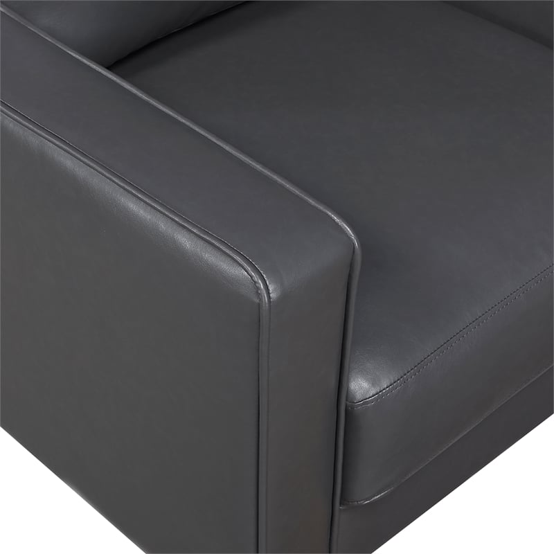 Pemberly Row Faux Leather Armchair with Square Arms and Wood Legs in Dark Gray