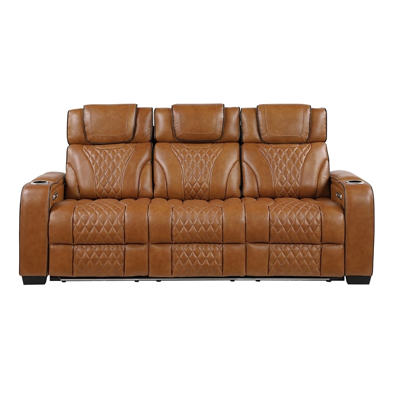 Pemberly Row Leather Power Reclining Sofa with Massage and LED in Brown