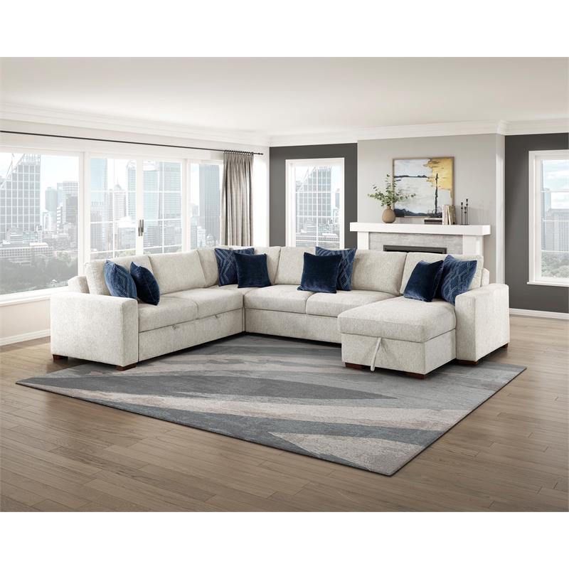 Pemberly Row Microfiber 4-Piece Sectional with Pull-Out Bed and Chaise in Beige