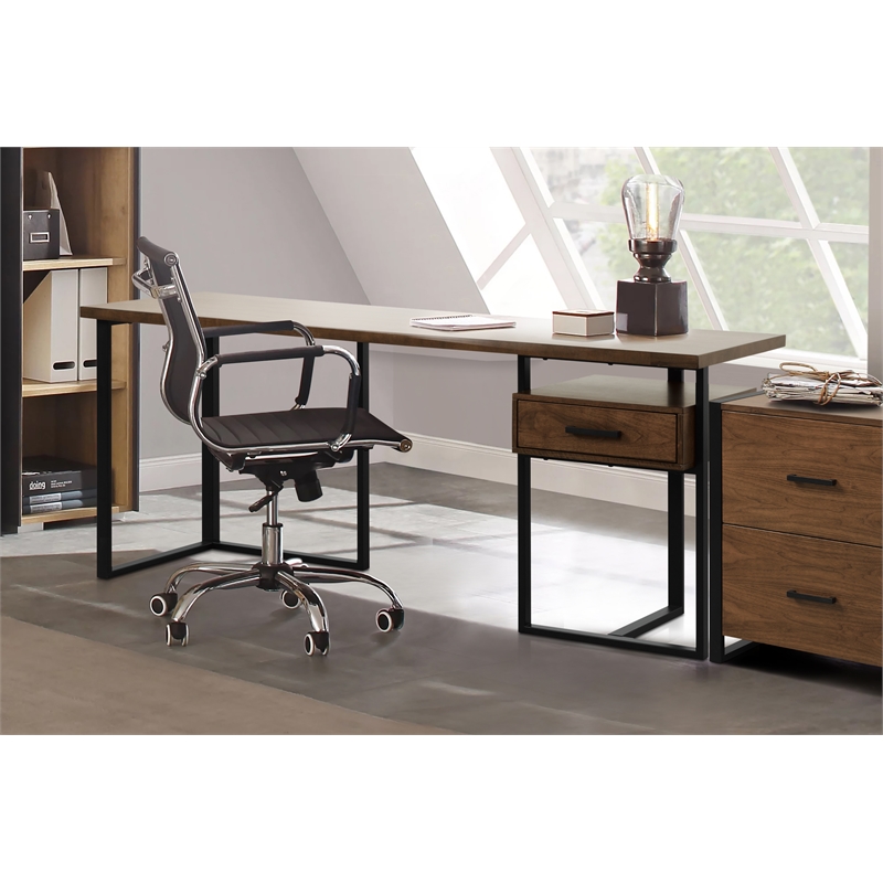 Pemberly Row Metal & Walnut Veneer Writing Desk with Reversible Drawer in Black