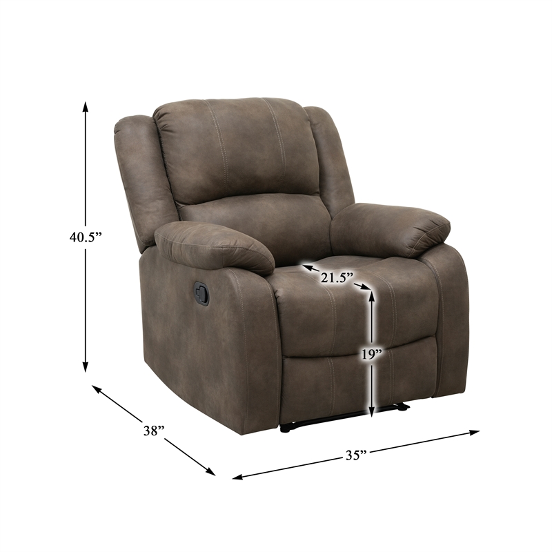 Pemberly Row Polished Microfiber Manual Recliner with Pillow-Top Arms in Brown