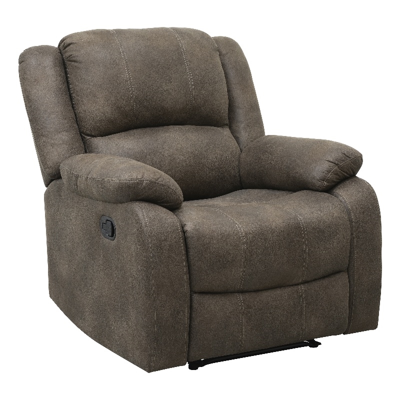 Pemberly Row Polished Microfiber Manual Recliner with Pillow-Top Arms in Brown