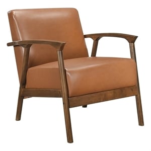 Pemberly Row Mid-Century Faux Leather Accent Chair with Walnut Frame in Brown