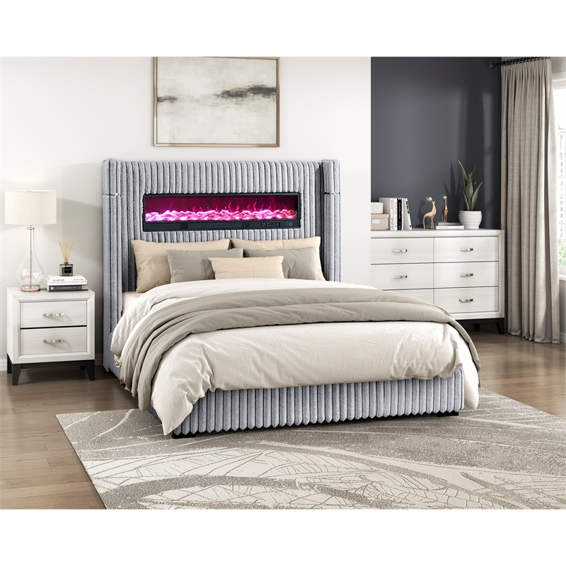 Pemberly Row Corduroy California King Bed with Fireplace Headboard in Gray