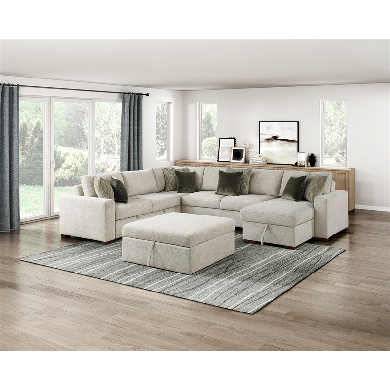Pemberly Row 5-Pc Microfiber Sectional with Pull-Out Bed & Ottoman in Sage Sand