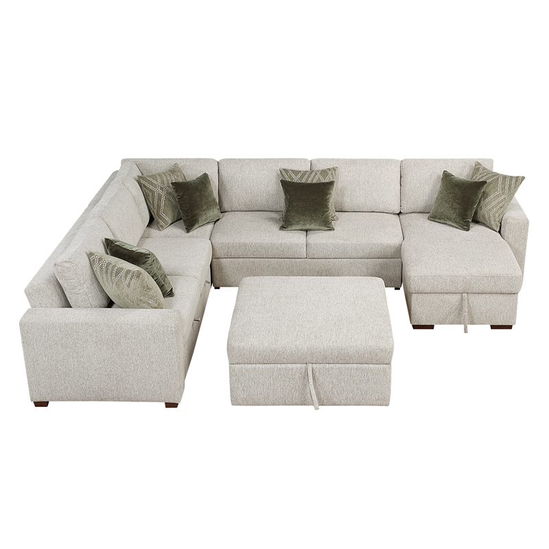 Pemberly Row 5-Pc Microfiber Sectional with Pull-Out Bed & Ottoman in Sage Sand