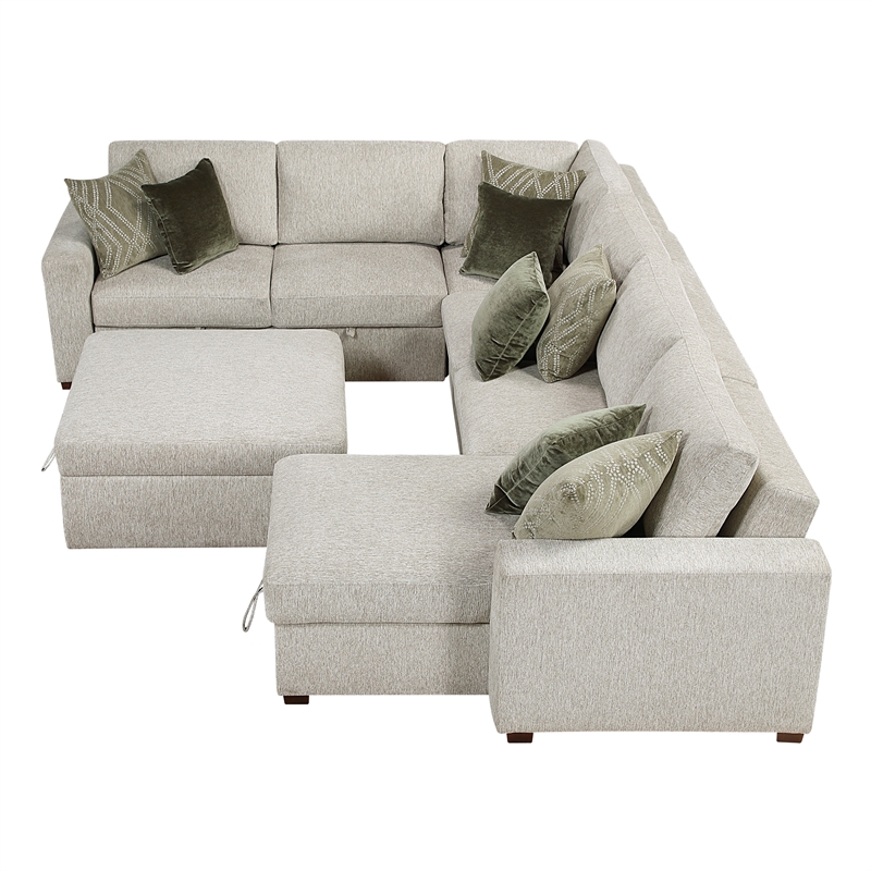 Pemberly Row 5-Pc Microfiber Sectional with Pull-Out Bed & Ottoman in Sage Sand