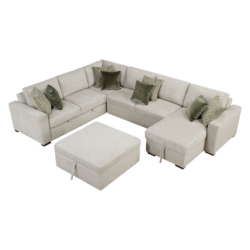 Pemberly Row 5-Pc Microfiber Sectional with Pull-Out Bed & Ottoman in Sage Sand