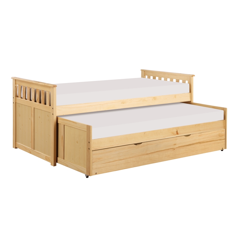 Pemberly Row Wood Twin Over Twin Bed with Pull-Out Trundle in Natural Pine