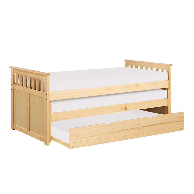 Pemberly Row Wood Twin Over Twin Bed with Pull-Out Trundle in Natural Pine