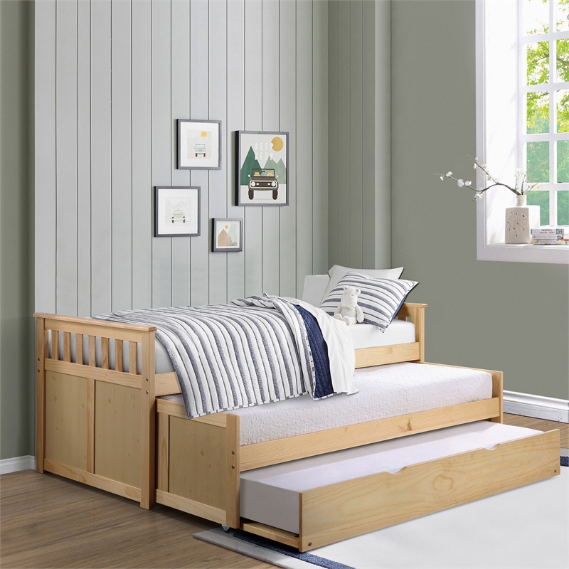 Pemberly Row Wood Twin Over Twin Bed with Pull-Out Trundle in Natural Pine