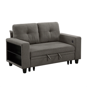 Pemberly Row Boucle Loveseat with Pull-Out Bed USB Charging & Shelves in Brown