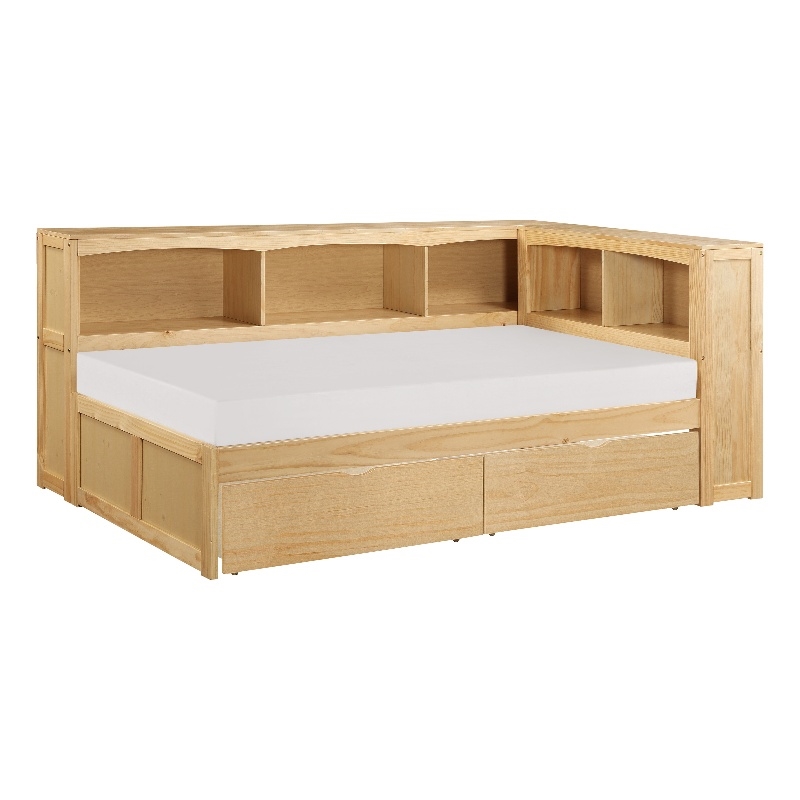 Pemberly Row Twin Bookcase Corner Bed with Under-Bed Storage in Natural Pine