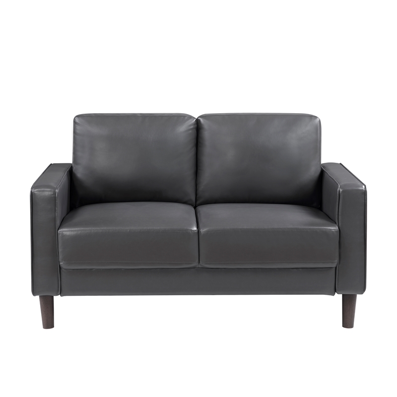 Pemberly Row Faux Leather Loveseat with Square Arms and Wood Legs in Dark Gray