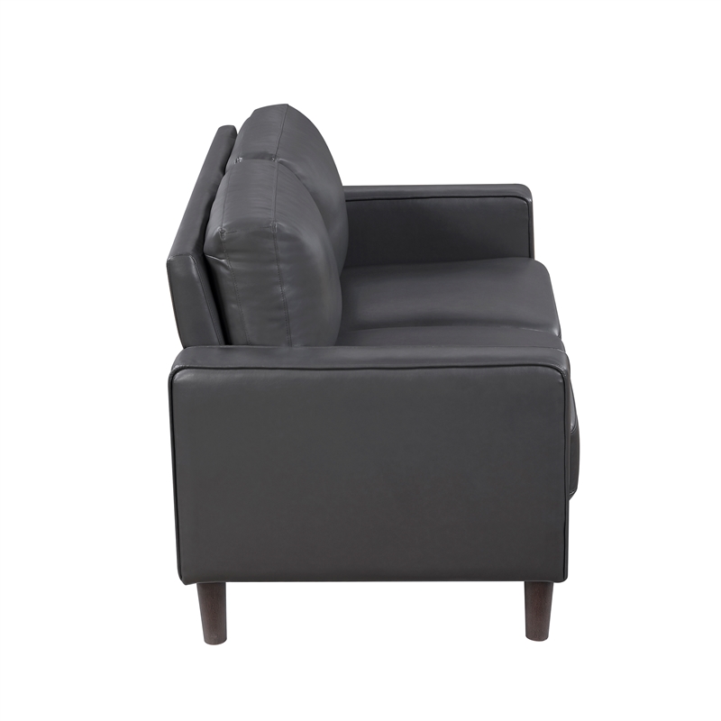 Pemberly Row Faux Leather Loveseat with Square Arms and Wood Legs in Dark Gray