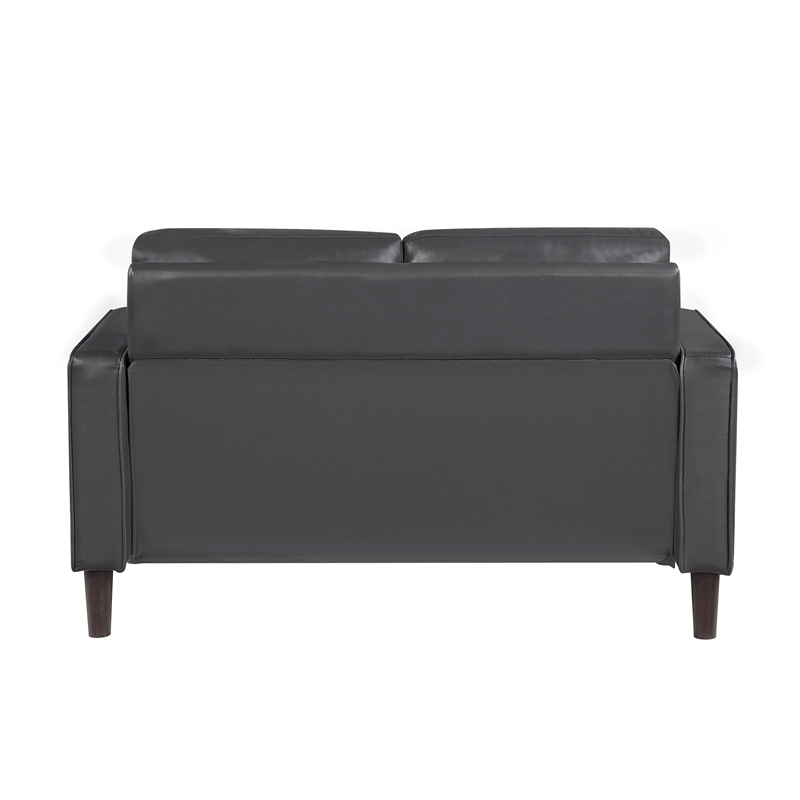 Pemberly Row Faux Leather Loveseat with Square Arms and Wood Legs in Dark Gray