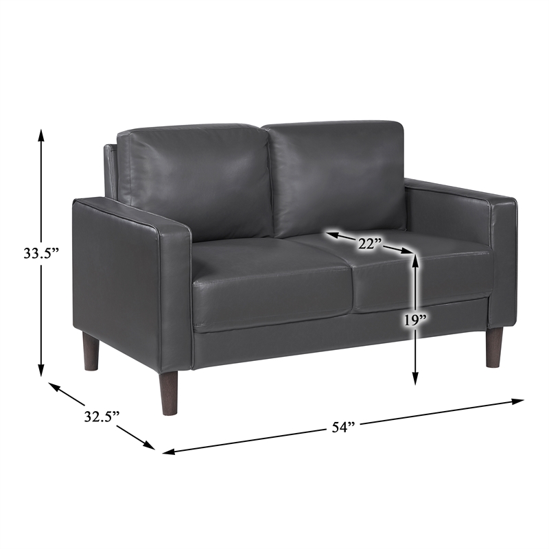 Pemberly Row Faux Leather Loveseat with Square Arms and Wood Legs in Dark Gray