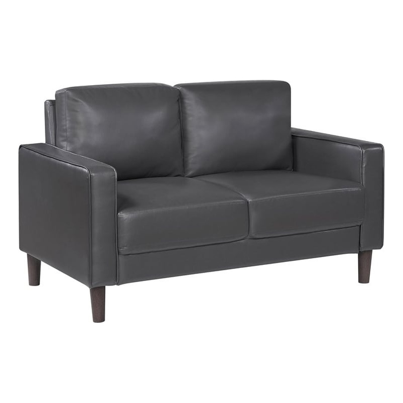 Pemberly Row Faux Leather Loveseat with Square Arms and Wood Legs in Dark Gray