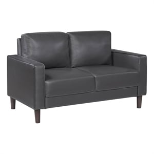 Pemberly Row Faux Leather Loveseat with Square Arms and Wood Legs in Dark Gray