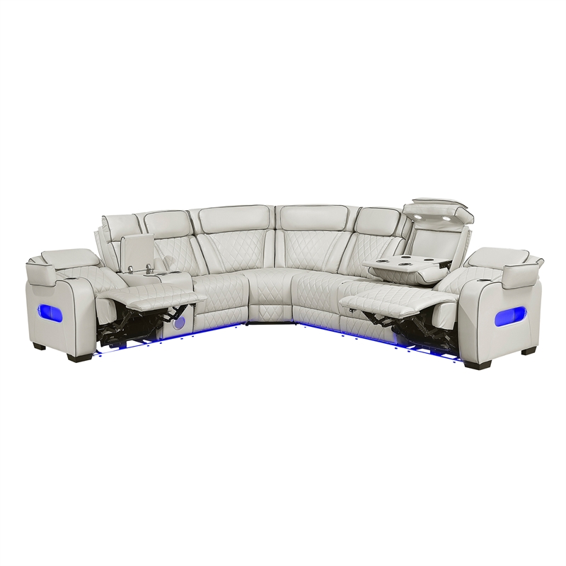 Pemberly Row Faux Leather 3-Piece Power Reclining Sectional with LED in Taupe