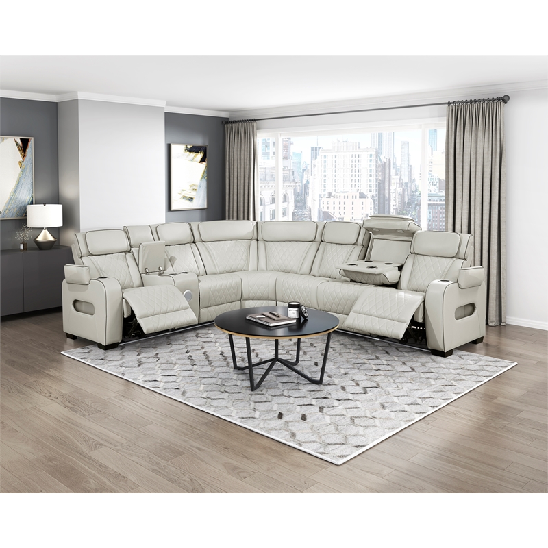 Pemberly Row Faux Leather 3-Piece Power Reclining Sectional with LED in Taupe