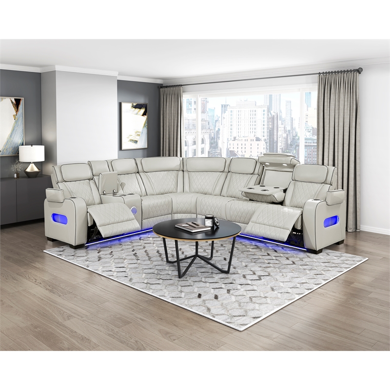 Pemberly Row Faux Leather 3-Piece Power Reclining Sectional with LED in Taupe