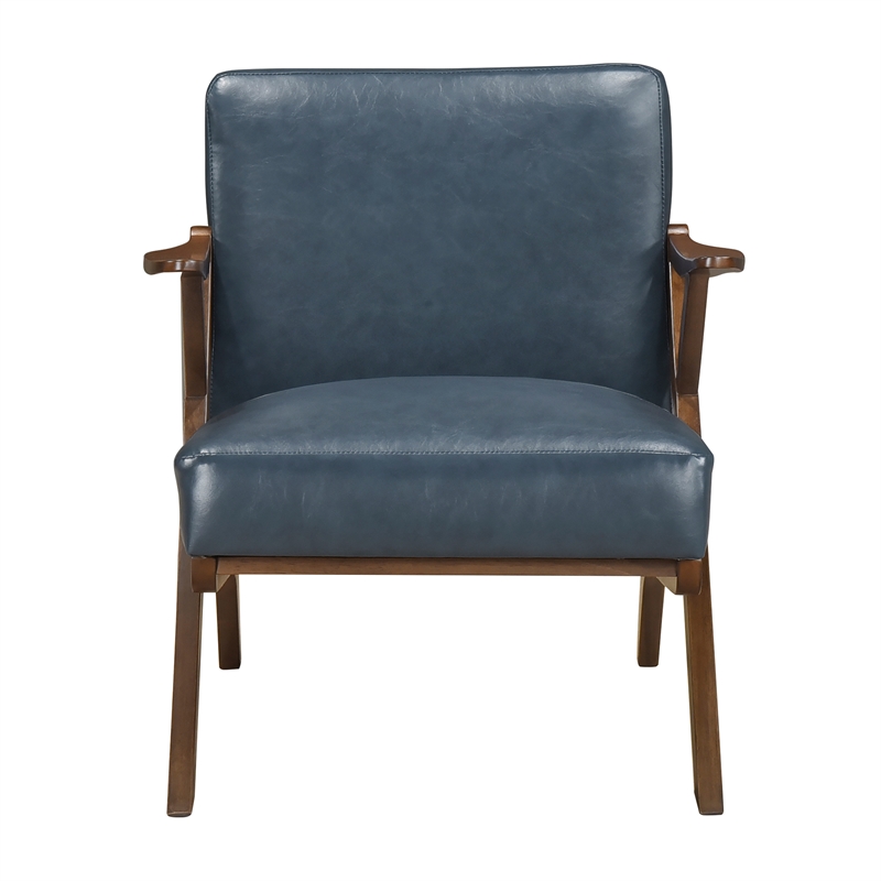 Pemberly Row Mid-Century Faux Leather Accent Chair with Walnut Wood Arms in Blue